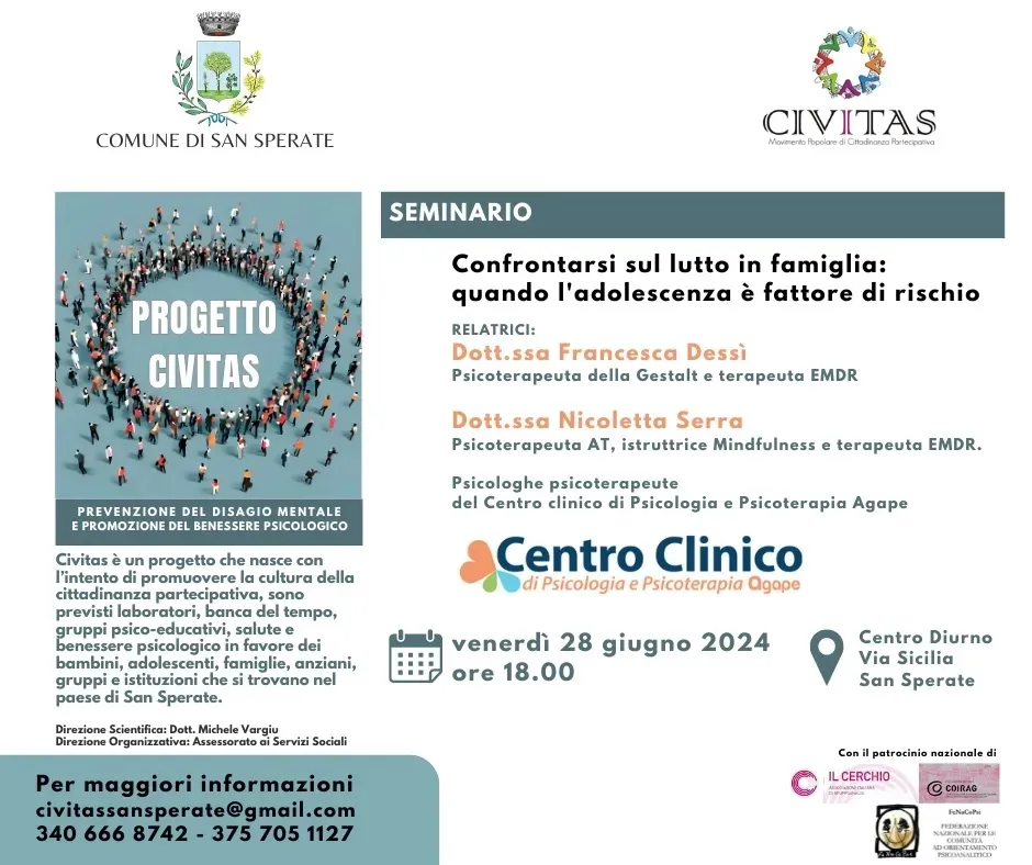 Seminario pubblico "Confrontarsi sul lutto in famiglia, quando l'adolescenza è fattore di rischio" - Progetto CIVITAS